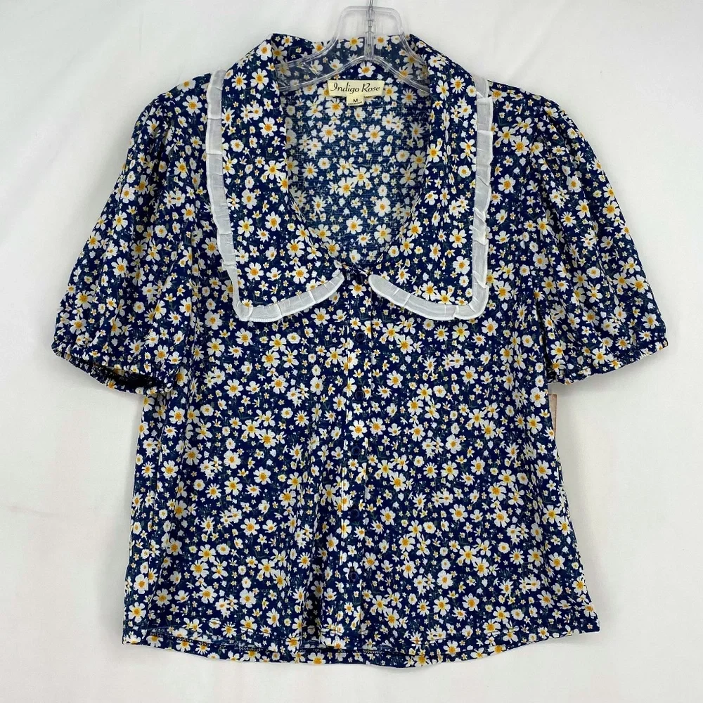 Indigo Rose Juniors Size Medium Button Front Blouse Blue Yellow Floral Print - Picture 1 of 10